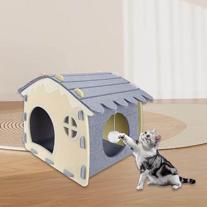 Felt Cat House Sleeping Bed Cozy Hideaway for Small Large Cats Bunny Scratch Resistant Pet Furniture- Grey