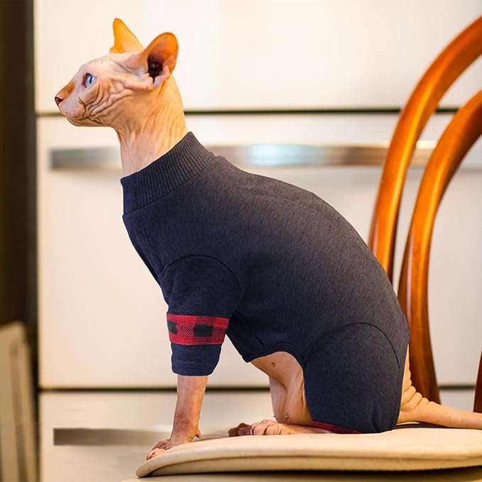 Sphynx Hairless Cats Sweater Shirt Kitten Soft Pullover Cute Cat Pajamas Jumpsuit Cotton Apparel Pet Winter Turtleneck for Cats DarkBlue XS