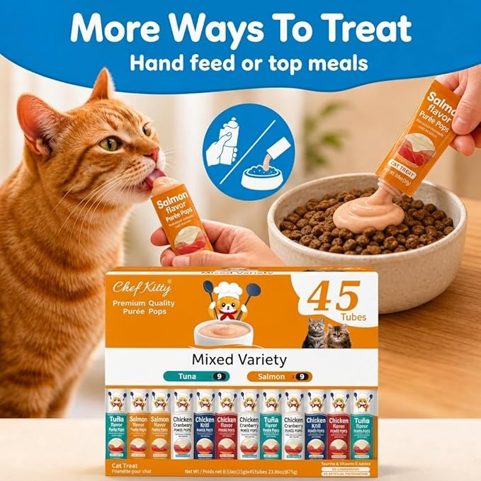 Cat Treats Lickable | Grain-Free Cat Food Toppers, High Protein | Creamy Puree Squeeze Ups with Vitamin E & Taurine, Digestible Formula | 0.5 oz. Each Tube, Chicken & Seafood Mix Variety | 45 Tubes