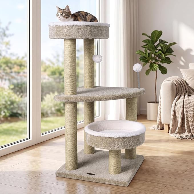 PETSITE 36-inch Modern Cat Tree, Multi-Level Cat Tower with Scratching Posts, 2 Comfy Cat Beds, Interactive Hanging Ball, and Spring Toy, Ideal for Indoor Cats and Kittens