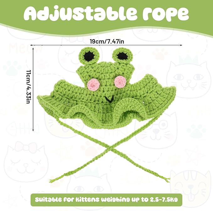 Thinp Cat Frog Hat, Cotton & Soft Cute Knitted Hats for Cats Crochet Cat Hats for Cats Birthday Party Christmas Knit Puppy Hat for Small Pets (Green, M)