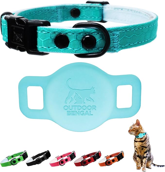 OutdoorBengal Breakaway Cat Collar + Airtag Holder, No Bell - Compatible Silicone Case, Breakaway Airtag Cat Collar for Apple Air Tag - Waterproof Tracking Collars for Boy, Girl, Cats, Kittens (Blue)