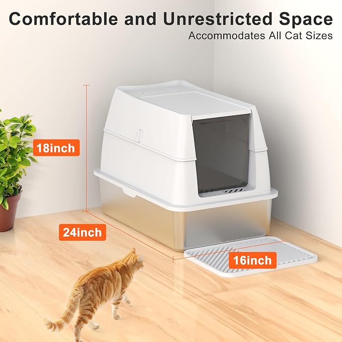 XL Extra Large Stainless Steel Litter Box with Lid, Metal Cat Litter Boxes for Big Cats Enclosed, Metal Litter Box with Litter Scoop Set, Non-Sticky, Anti-Urine Leakage, 24"*16"*18", Silver Gary