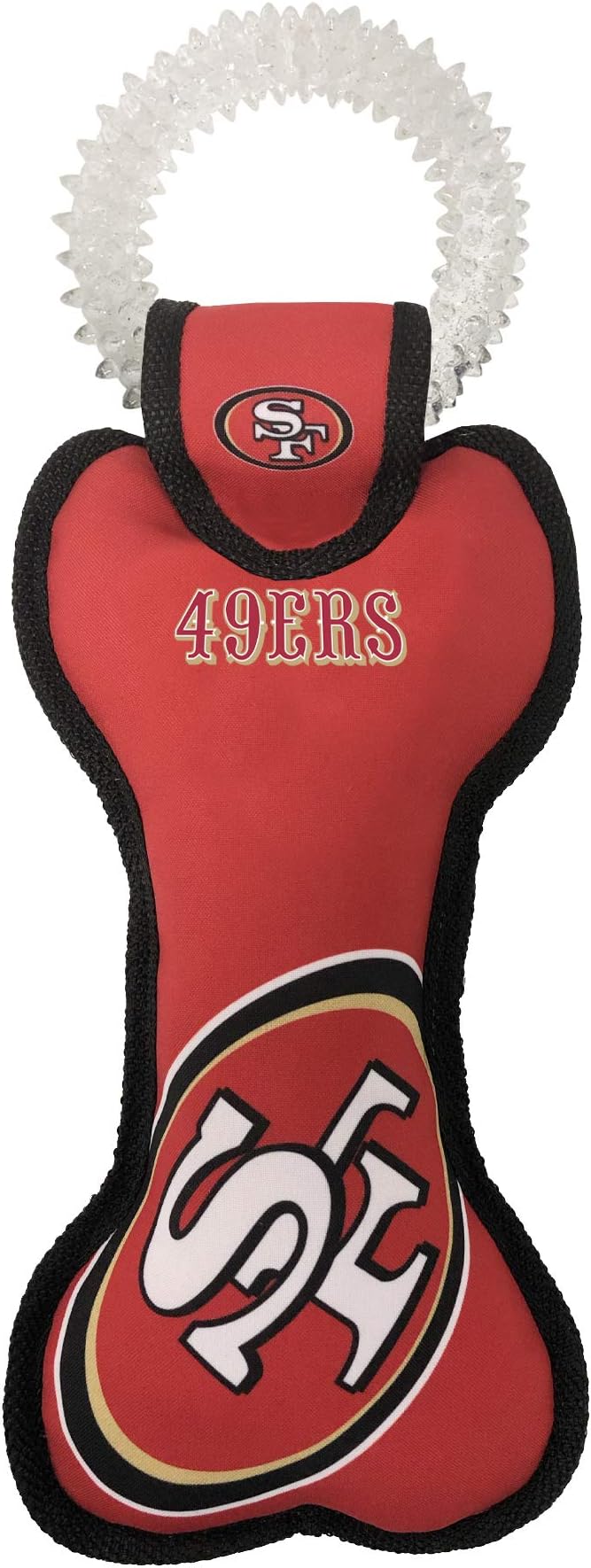 Pets First NFL SAN Francisco 49ERS Dental Dog TUG Toy with Squeaker. Tough PET Toy for Healthy Fun, Teething & Cleaning Pet's Teeth & Gum.