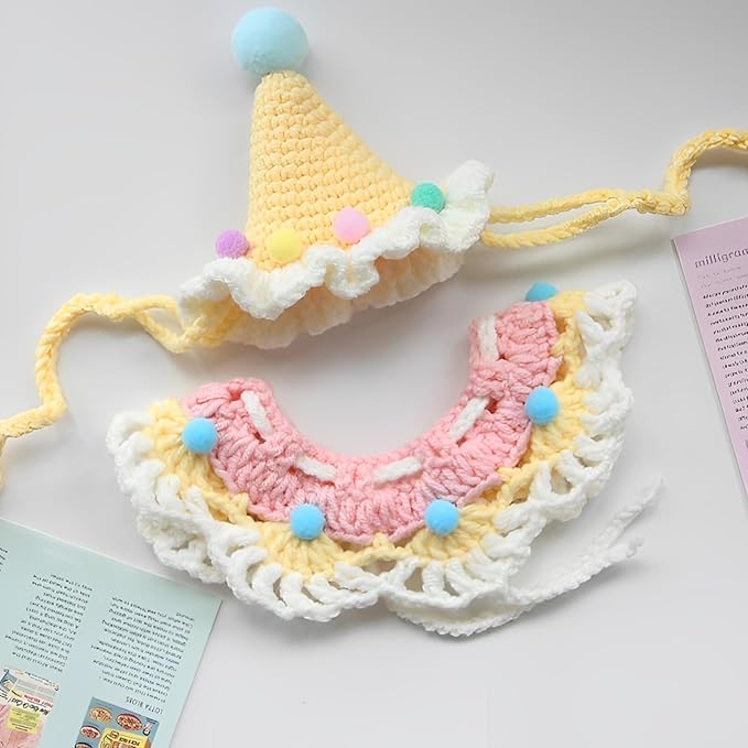 Cat Birthday Hat & Collar Set: Handcrafted Knit & Crochet Accessories for Pets, Kitten, Small Animals