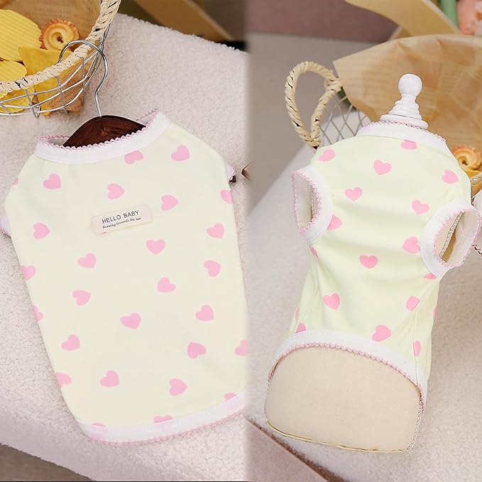 Pet Clothes for Small Dogs Cat Summer Pullover T-Shirt with Heart Printed Elastic Sleeveless Shirts Cute Puppy Tank Top Chihuahua Shih Tzu Yorkie Vest Cat Apparel Outfit (Yellow, Large（6.6-9.4lb）)