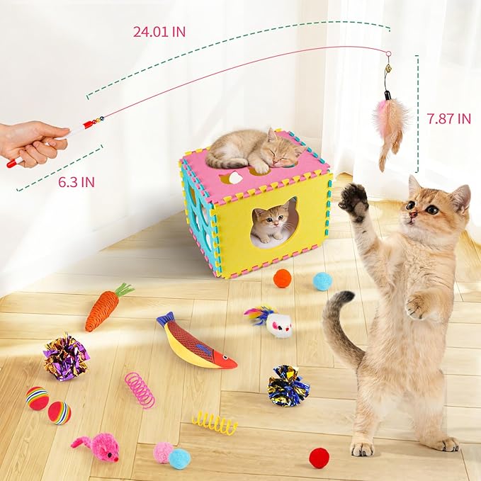 Natheeph Cat Toys for Indoor Cats, Interactive Cat Toy 49pcs Including Cat Wand Toy & Cat Feather Toys Refills, Funny Kitten Toys with Play Tent, Springs, Balls for Bored Indoor Cats Exercise & Chase