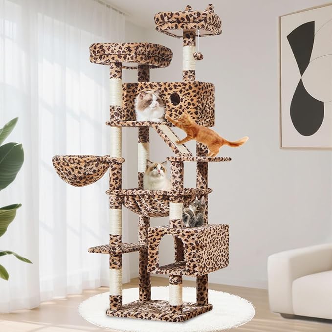 Taoqimiao Cat Tree 71-Inch, Cat Tower for Indoor Cats Large Adult, Multi-Level Large Cat Condo, 8 Sisal Scratching Posts, Metal Frame Cozy Hammock, Scratch Board, 2 Top Perches, Leopard Print MS026LBW