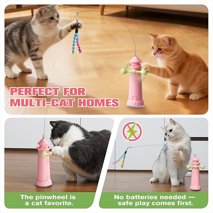 Interactive Cat Toys for Indoor Cats, Hanging Cat Wand Toy for Floor Doorway Window with Powerful Suction Cup Base, Pet Self-Play Enrichment Toy for Bored Cats Kitten(Pink)