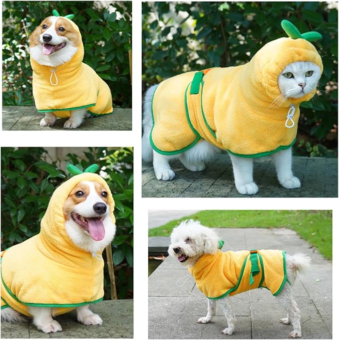 Pet Bathrobe for Dog Cat Absorbently Quick Drying Coat Cute Dogs Bath Towel Hooded Robe Adjustable Collar & Belly Strap for Pool Beach (Yellow, Small)