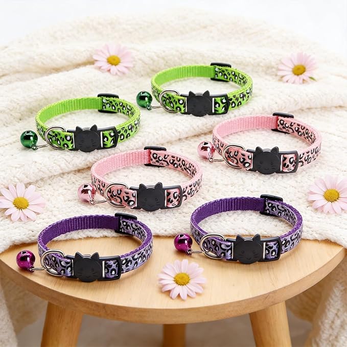6 Pcs Leopard Breakaway Cat Collars with Bell Breakaway and Safe Dog Collars Adjustable Small Cats Collar Pet Collar Mixed Colors Adjustable19-32cm