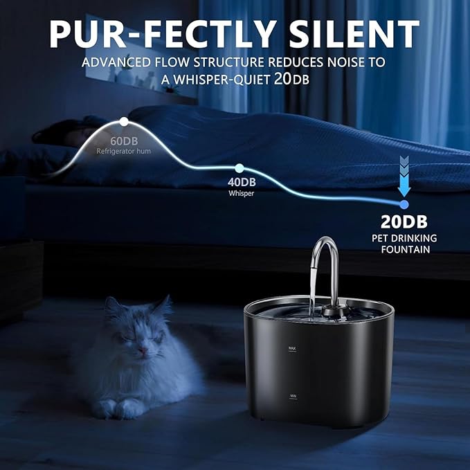 Automatic Cat Water Fountain, 2.2L Pet Fountain, Silent Dog Water Dispenser with Replacement Filters and Stainless Steel Tray for Cats, Dogs, Multiple Pets,Black