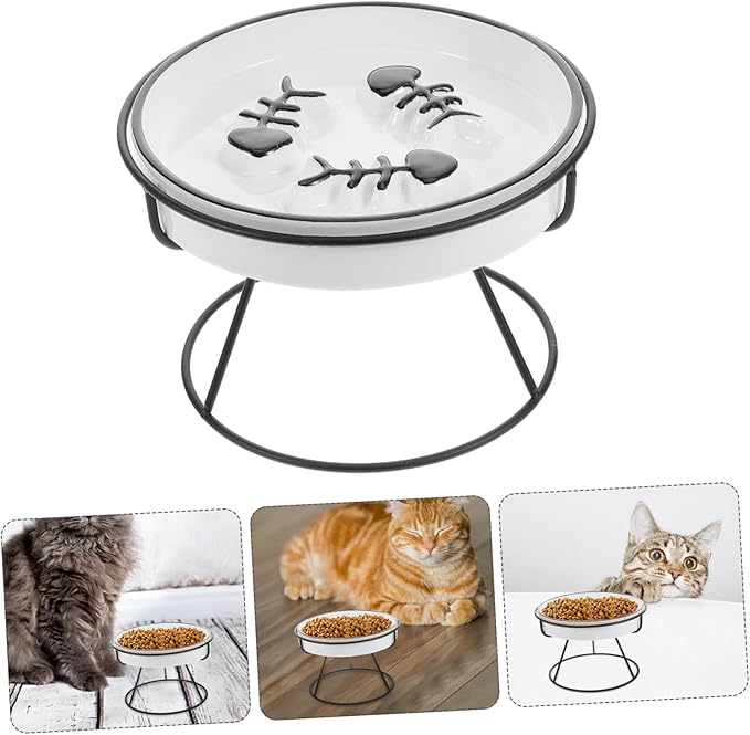 Abaodam Raised Cat Bowl Food Feeding Station Slow Eating Ceramic Cat Dish with Elevated Stand Pet Feeder for Small and Kittens