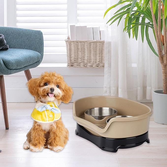 Cat Water and Food Bowl Feeder Food Dispenser Indoor Nonslip Pet Supplies Double Bowl Feeding Dish for Small Dogs Kitten Pets, Brown
