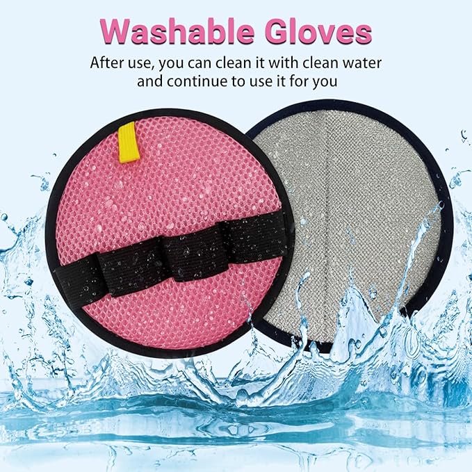 2Pack Pet Hair Removal Glove for Cats and Dogs, Four-Finger Circular Design with Soft Lining and Hanging Loop, Reusable Pet Grooming Gloves for Clothing, Carpet, Car Seats (Pink)