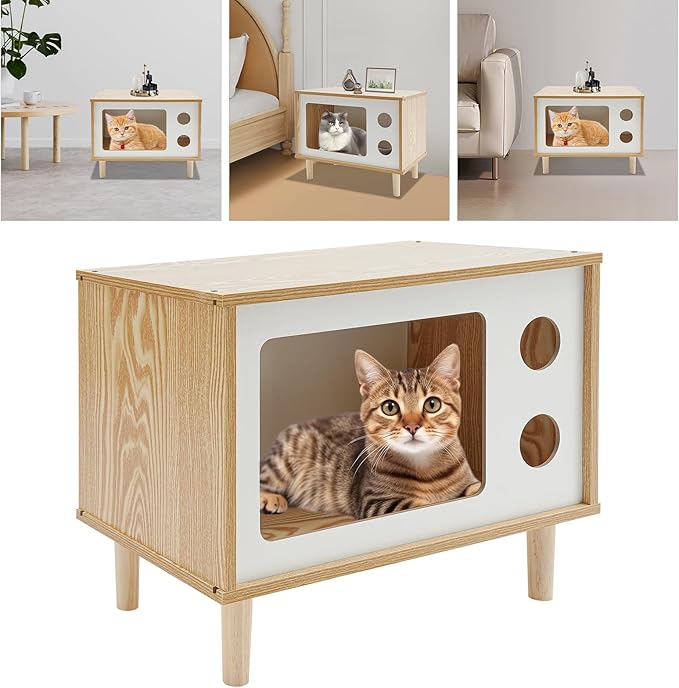 Solid Wood Cat House Nightstand, TV-Shaped Pet Bed with Peek-a-Hole, Modern Cat Furniture for Indoor Cats, Multi-Functional Bedside Table Load 165lb, 19.7" L x 11.4" W x 15.7" H