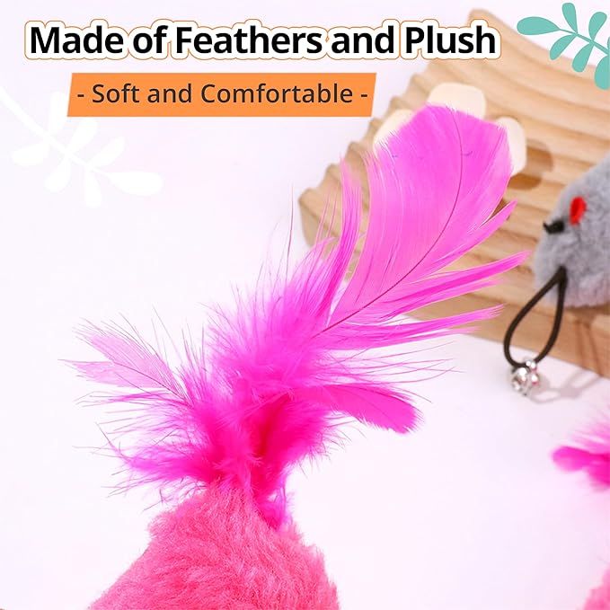 Cat Toy Refill, 2 Pack Mouse Toy with Feather Tail and Bell for Cat Wand Toy Accessories Cat Toy Attachments Replacements, 4.72” Realistic Size Mice Toy for Bored Indoor Adult Cat Self Play