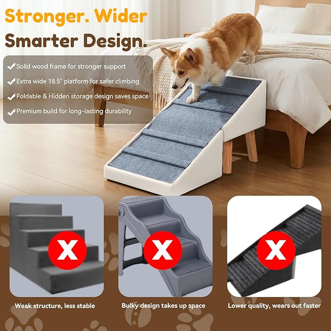 Dog Ramp for Small Dogs, 15.7" H 3-in-1 18.5" Extra Wide Foldable Ottoman & Hidden Storage Design Dog Stairs for Couch Sofa Bed, Non-Slip Pet Steps for Puppy Senior Injured Dogs (White)
