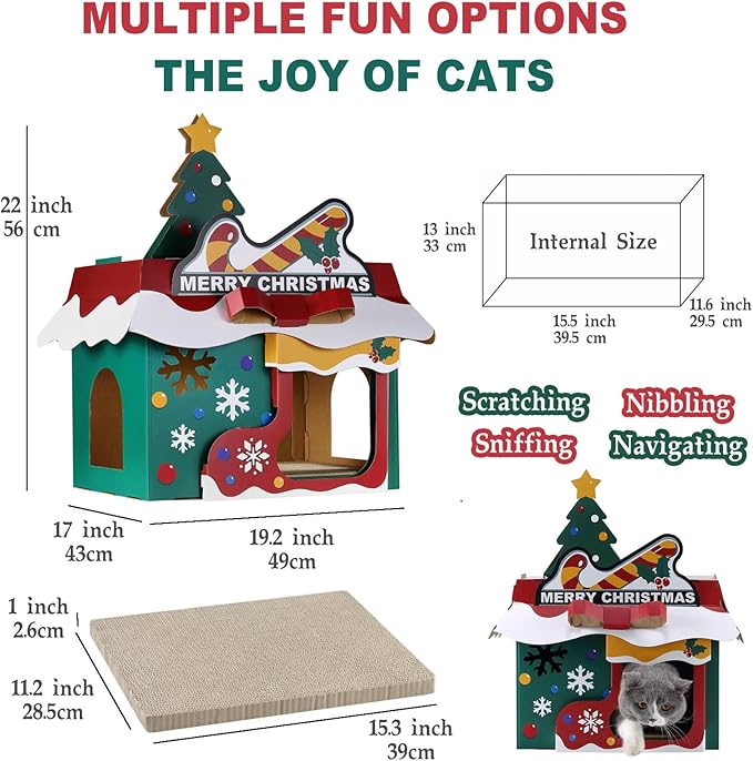 Cardboard Cat House with Scratcher – Christmas Cottage Design, 19''L x 17''W x 22''H, Festive Indoor Cat Playhouse & Hideout for Cats up to 22 lbs, Corrugated Scratch Pad & Holiday Home Décor