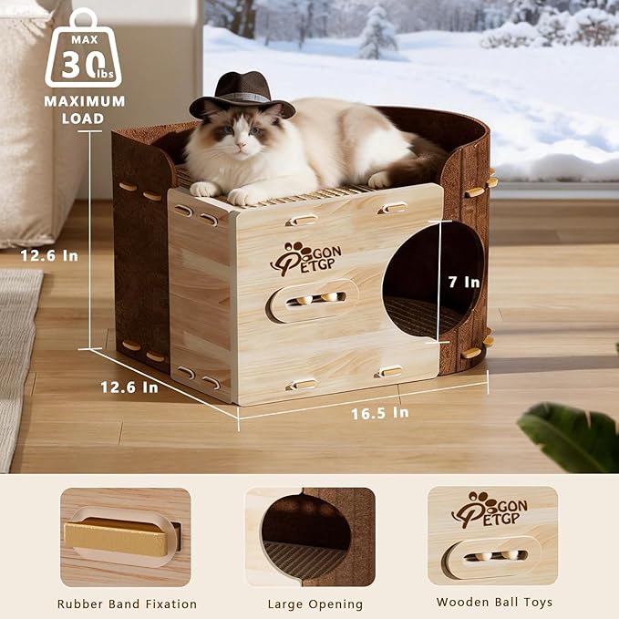 GONPETGP Cat Beds for Indoor Cats, Cat House Cave with Wooden Play Ball Scratch Pad, Detachable Felt Cat Condo Hideaway for Multiple Small Pets and Kittens