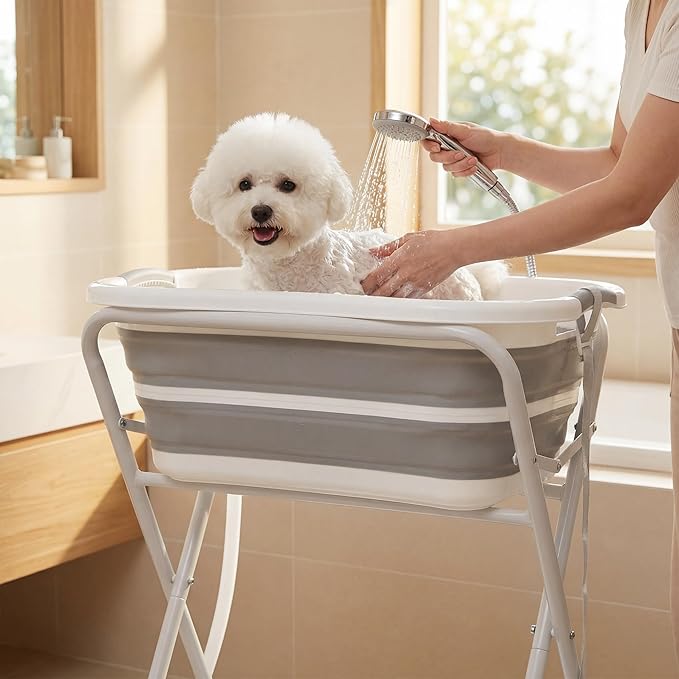 PawHut 2 in 1 Dog Bath Tub, Dog Washing Station for Bathing and Grooming, Elevated Shower Bath Tub, Collapsible Foldable Portable Bathtub for Small Dogs Puppy Cats Pet, Indoor and Outdoor