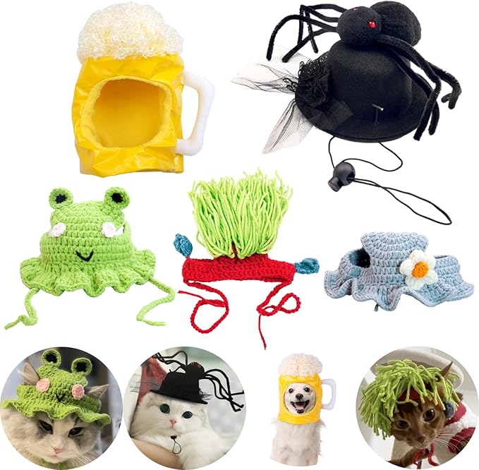 5 Pieces Cat Hat Adorable Cat Costume Outfit Bunny Hat with Ears Funny Mane Hat for Cats and Small Dogs Kitten Puppy Party Costume Accessory Headwear (Spider-Beer-Flower-Punk-Frog)