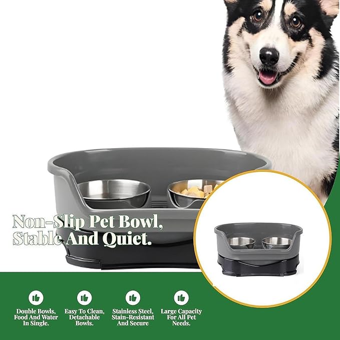 Gralara Cat Water and Food Bowl Feeder Feeding Dish Easy to Clean Non Slip Double Bowl Pet Feeder for Small Dogs, Gray
