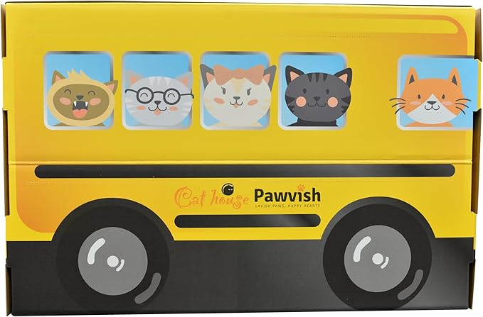 School Bus Cardboard Cat House and Scratcher, Play House, Scratching Pad, Corrugated Hideaway Cave, Cute Kitty Condos Box, Bed for Indoor Cats, Kittens, Bunny, Fur Babies