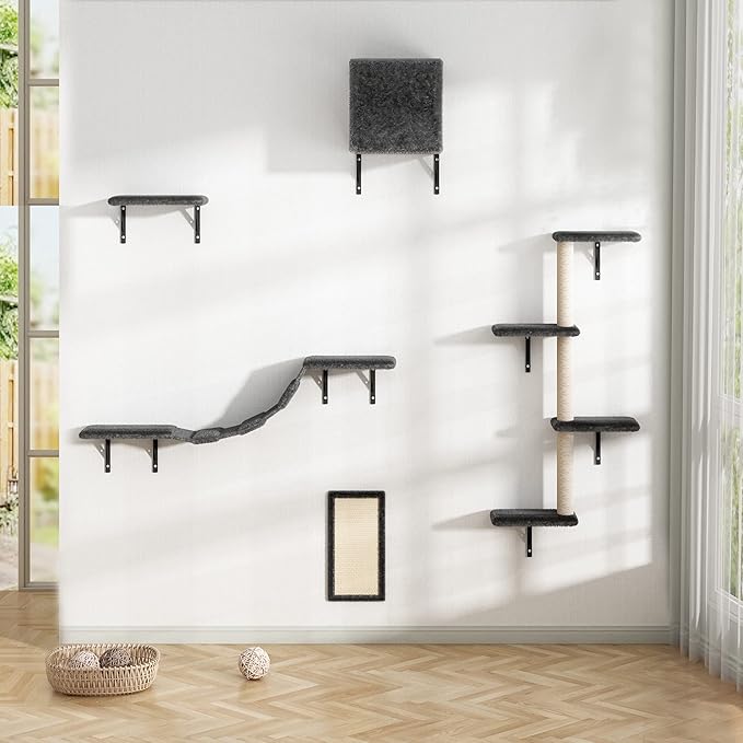 Cat Hammock Wooden Wall-Mounted Shelves Cat Climber Set of 5, Floating Cat Perches, Hanging Cat Beds for Sleeping, Playing, Climbing- Modern Cat Bed & Furniture for Large Cats Or Kitty, Grey