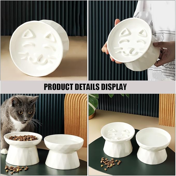 Homoyoyo Raised Ceramic Cat Food Bowl Neck Protection, Elevated Slow Feeder Dish for Kitten Feeding and Watering, Ergonomic Pet Bowl for Cats and Small Dogs