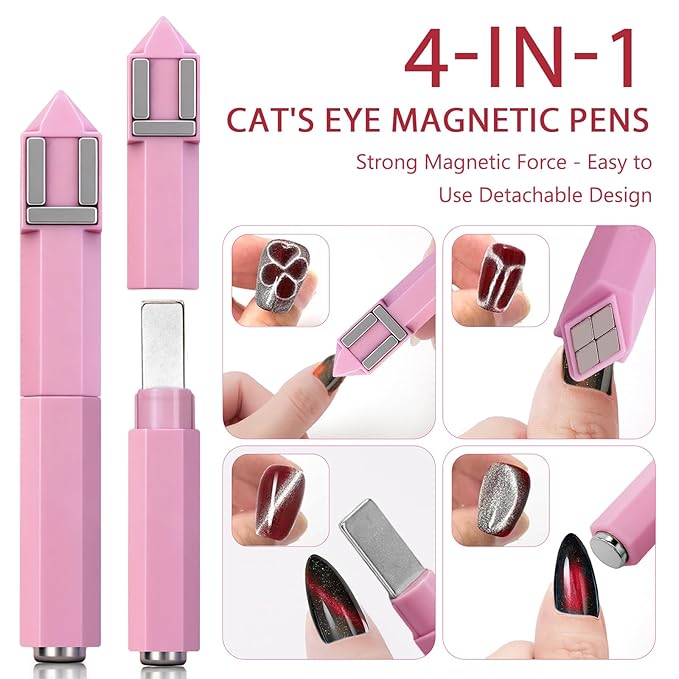 WOKOTO 2 PCS Nail Magnets For Nail Art Designs Tools For Nails, 3 In 1 And 4 In 1 Cat Eye Magnets Pen Sticks For Cat Eye Magnetic Nails, Heart, Grid & French Nail Art Designs Nail Polish Magnet Set