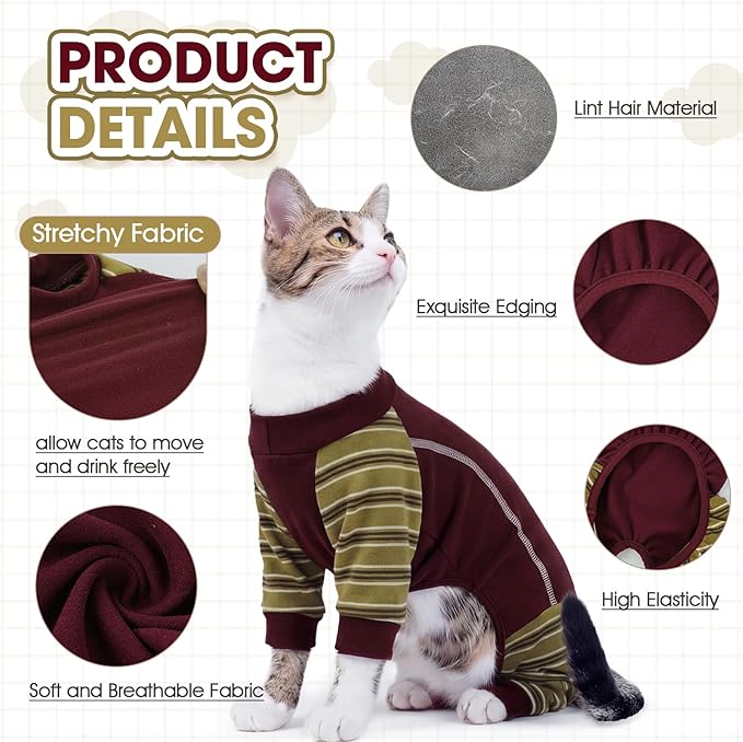 Sticky Cat Clothes, Sphynx Hairless Pajamas for Cats only, Soft Onesie for Kitten, Female Male & Hair Loss Prevention, Red L
