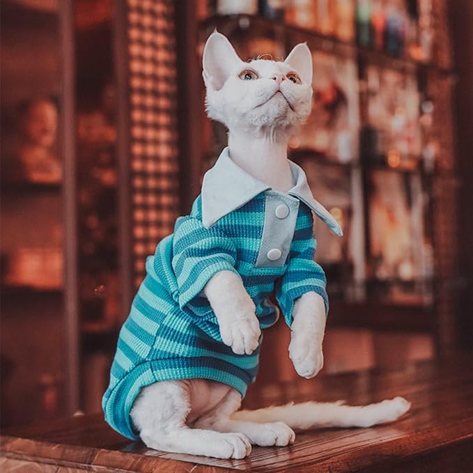 Super Soft Sphynx Cat Shirt Cotton Hairless Kitten Polo T-Shirt with Sleeves Pullover Cat Pajamas for Sphynx Cornish Rex, Devon Rex, Peterbald (Sea Blue, M (5.5-6.6 lbs))