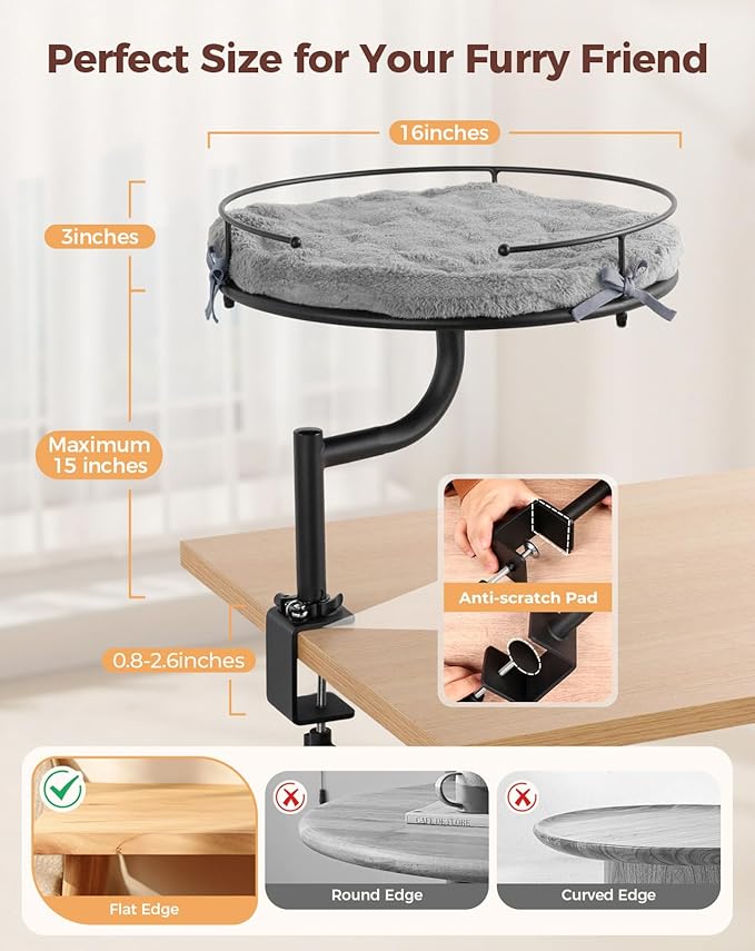 Cat Desk Bed, 360°Rotation & Height Adjustable Cat Bed for Desk Holds up to 40lbs, Machine-Washable Plush Cover