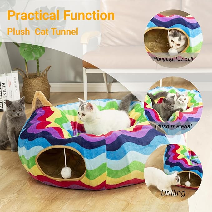 Large Cat Tunnel Bed Under Christmas Tree with Fluffy Toy Balls, Small Cushion and Flexible Design- 10 inch Diameter, 3 ft Length- Great for Cats, and Small Dogs, Rainbow Wave Color