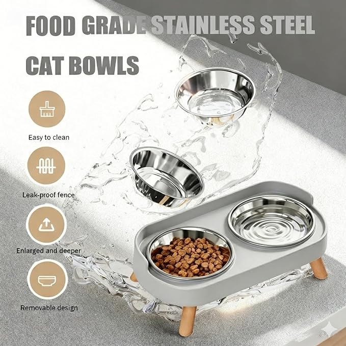 Elevated Cat Bowls, 2 Stainless Steel Raised Cat Food and Water Bowl Set, Splash Proof & Non-Slip, Whisker Fatigue Friendly, Dishwasher Safe for Cats and Small Dogs - Gray