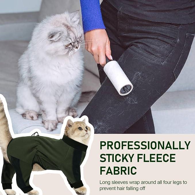 Cat Pajamas for Cats Only, Sticky Hair Cat Clothes, Long Sleeve Sphynx Clothes, Anti-Licking or Skin Disease Recovery Suit for Female Cats, Kitten Onesie Pajamas, ArmyGreen, 2XL