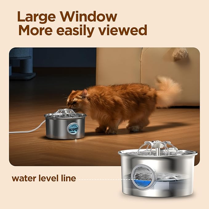 Pet Water Fountain Stainless Steel - Cat Fountain with 8 Filters & 8 Sponges - 88oz/2.6L Automatic Cat Watering Dispenser Bowl with Water Level Window - IHOUONE Quiet Fountains for Cats & Dogs Owners
