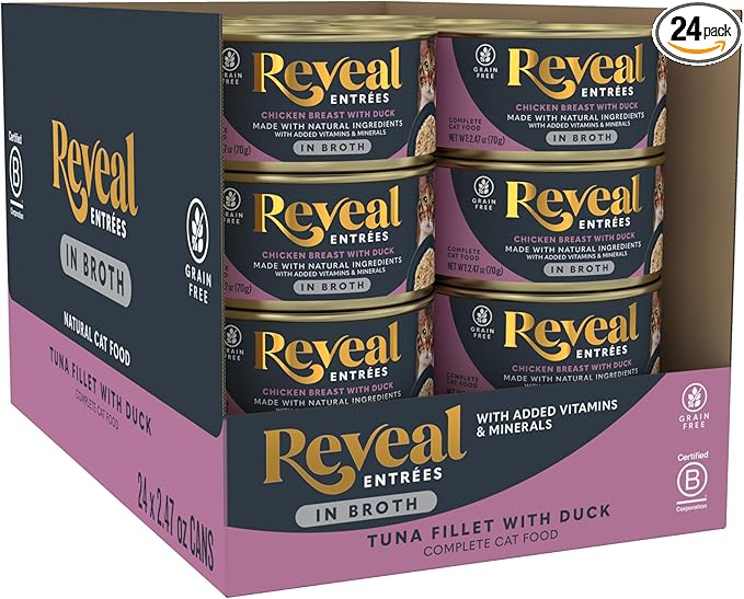 Reveal Entrées Natural Wet Cat Food, Grain-Free with Added Vitamins & Minerals, Carrageenan-Free and High Protein, Chicken Breast with Duck in Broth (24 x 2.47 oz Cans)