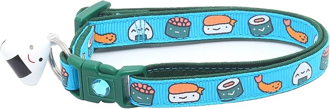 Sushi Cat Collar with Onigiri Bell | Adjustable Large Size or Kitten Collar | Safety Breakaway Collar (Large(10lbs & Up), Blue)