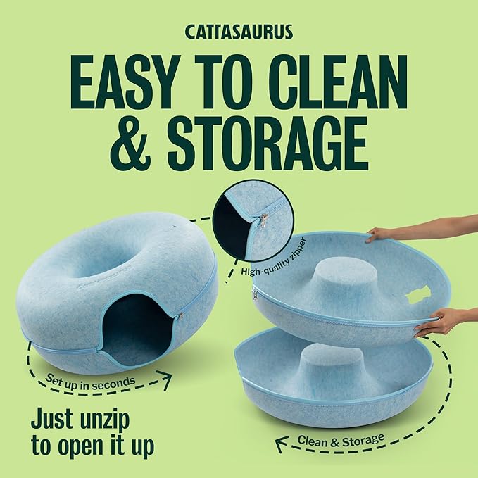 Cattasaurus Peekaboo Cat Cave Donut for Multiple & Large Cats up to 30-45 lbs, 3-in-1 Self Warming Cat Bed, Tunnel & Scratcher for Indoor Cats, Washable & Detachable Small Dog Bed (Blue, Jumbo)