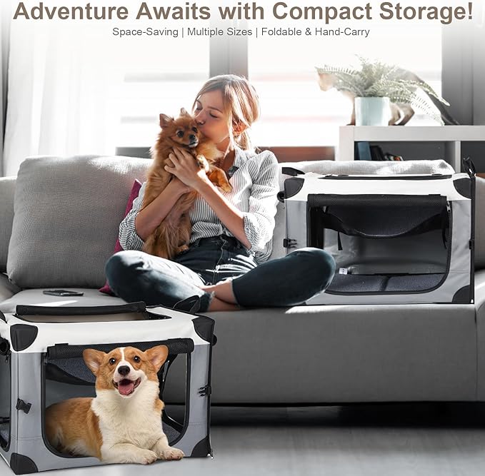 Lekereise Collapsible Dog Crate for Travel - 23.6"x16.5"x16.5" Portable Soft Foldable Playpen for Dogs and Cats, Grey, Large