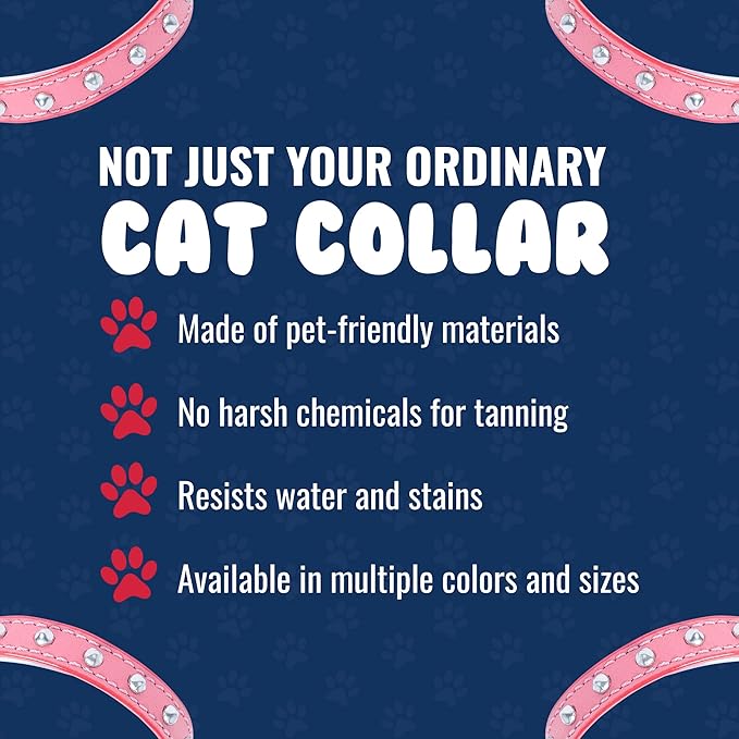 Studded Cat Collar, Genuine Leather Kitten Collar, Sturdy Breakaway Cat Collar with Bell and Elastic Stretch, Cat Accessories, Bubblegum Pink, 10 x 1/2 inches - Angel Pet Supplies
