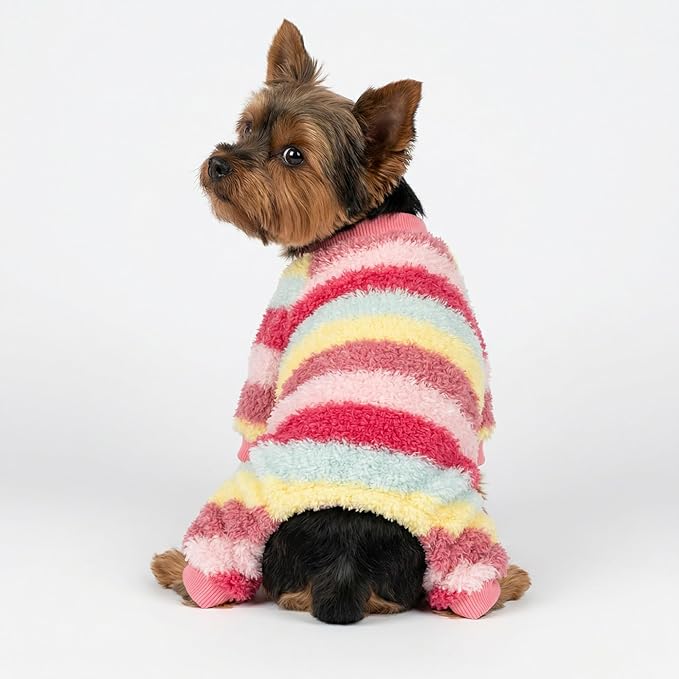 Fitwarm Fuzzy Striped Dog Fleece Pajamas, Warm Winter Clothes for Small Dogs Girl, Cozy Pet Outfit with Feet, Pink, Red, Yellow, Small