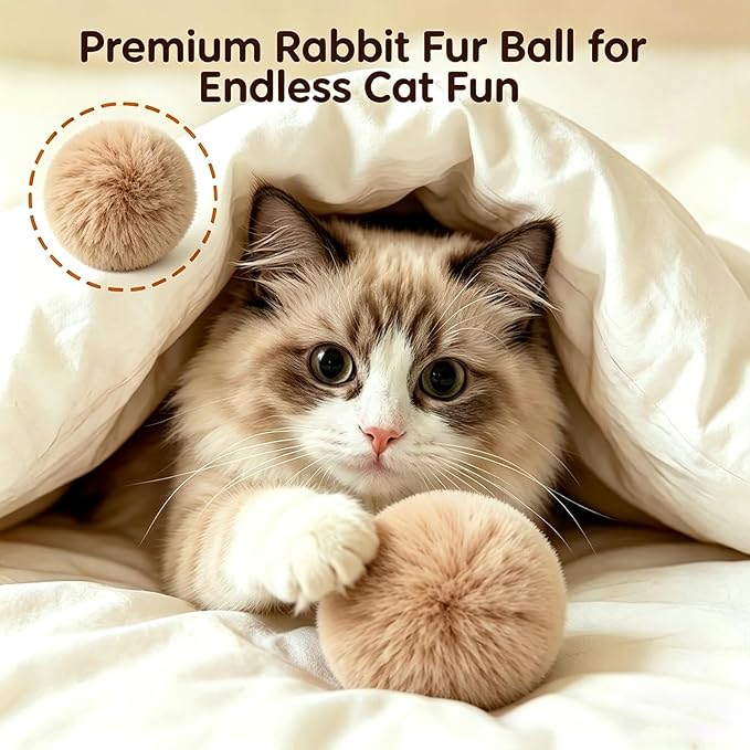 Rabbit Fur Ball Cat Toy, Soft Plush Catnip Cat Toys for Indoor Cats, Durable Kitten Chew Toys for Biting, Natural Fur Cat Toys for All Breeds of Cats(3PCS)