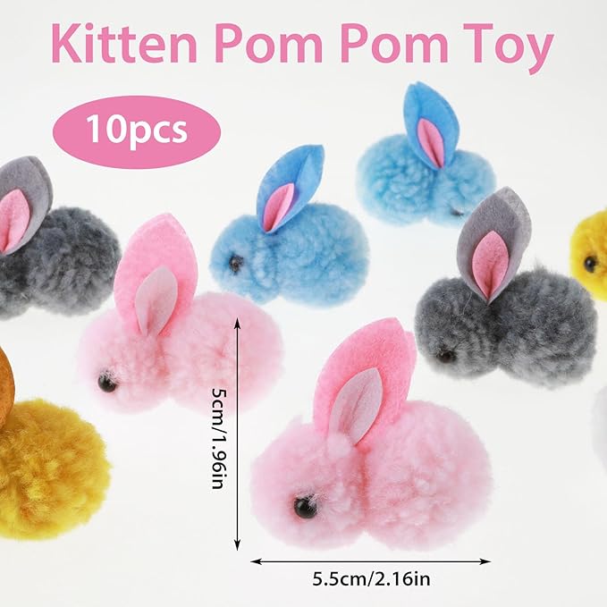Amaxiu 10Pcs Plush Toy Balls, Cute Bunny Shape Kitten Pompom Soft 5.5cm/2.16in Puff Ball Indoor Fun Colorful Cat Ball Toy Pom Pom Balls for Pet