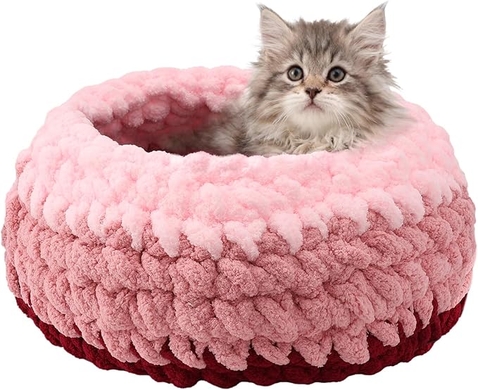 Handwoven Soft Cat Cave Bed, Indoor Cat Beds with Washable Round Nest, Kitten House & Cat Furniture, Cloud Pink