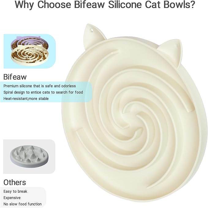 Bifeaw Slow Feeder Cat Bowl, Easy to Clean Silicone Bowl, Ideal for Dry and Wet Food (Purple and White)