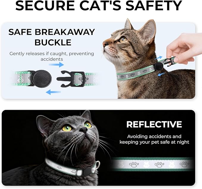 Cat Collar Breakaway, Reflective Kitten Collar with Bell, Safety Buckle Kitten Collar, Lightweight, Adjustable, Comfortable, Suitable for Boy Girl Cats (7"-13") Green