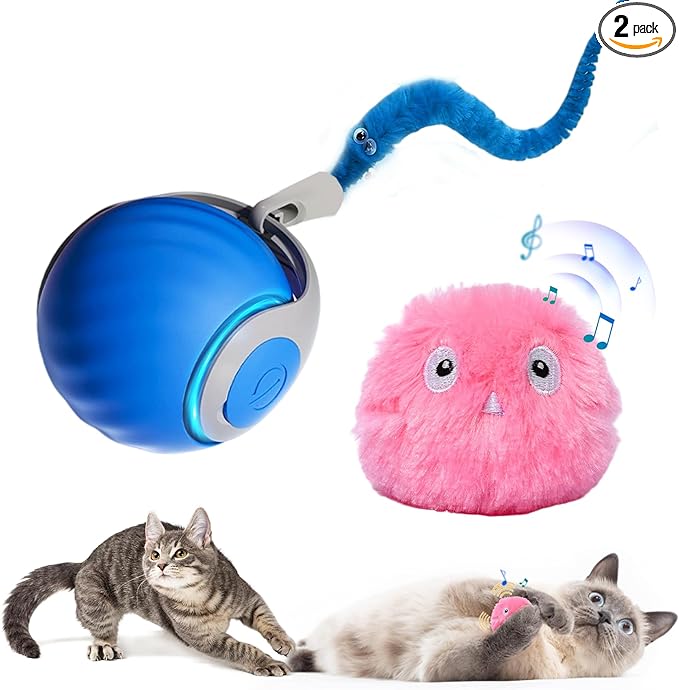2 Pcs Speedy Tail, Interactive 2.0 Cat Toy Ball for Indoor, Automatic Speedy Sprint Balls and Chirping Ball, Self Play Hunting Rolling Kitty Kitten Catnip Exercise Toys